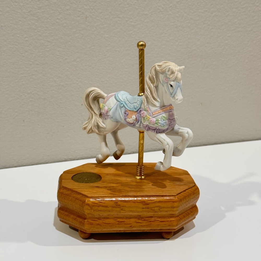 Carousel Horse Musical Figurine with White and Blue Decorative Details